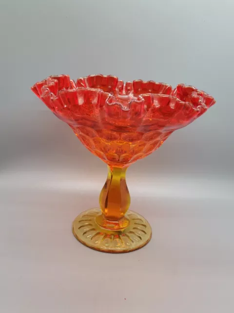 Fenton Art Glass Ruby Amberina Footed Thumbprint Compote with Ruffled Edges