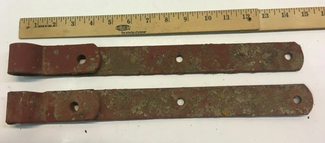 2 Vintage 15'' Farm Barn Door Gate Hand Forged Strap Hinges Great Old Patina