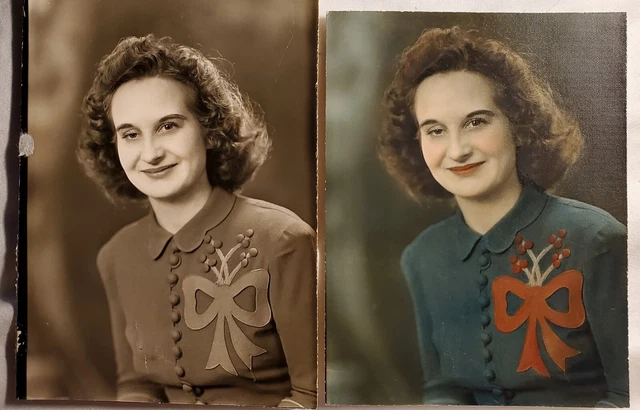 2 Vintage Old 1940's Color & Black White Photos of Same Woman Bow on Dress