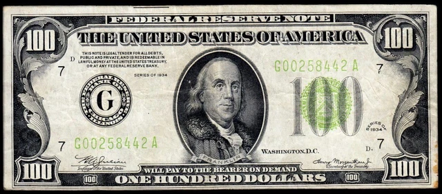 1934 Chicago $100 LGS “Light Green Seal” Federal Reserve Note VF Light Stains