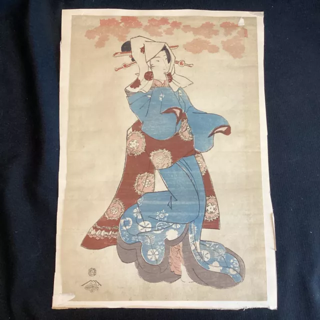 Old Japanese Woodblock Print Dancing Beauty Unknown Artist Mountain/Flower Seal