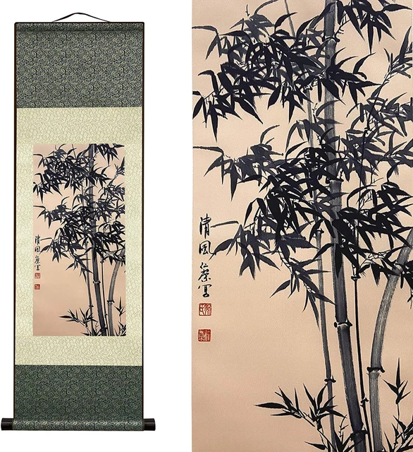 Asian Wall Decor Beautiful Silk Scroll Painting Bamboo Leaf Plant - Ancient Bamb