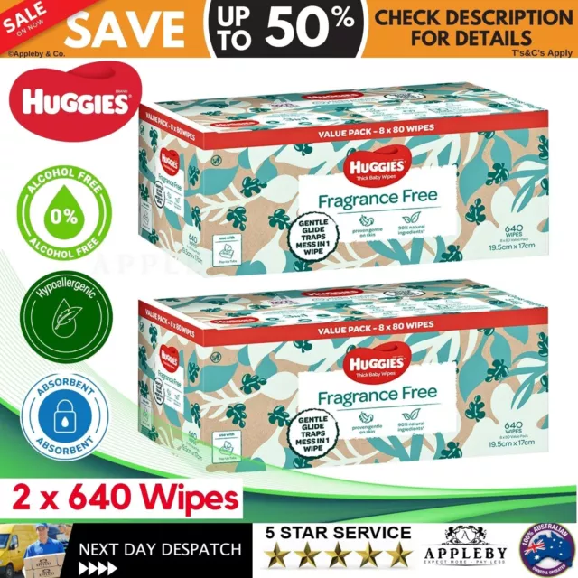 2 x 640 HUGGIES Thick Baby Wet Wipes Bulk Mega Pack Fragrance Free