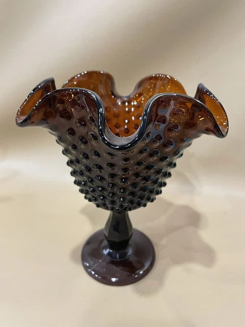 Vtg Fenton Glass Dark Amber Hobnail Ruffled Edge Footed Compote 8”