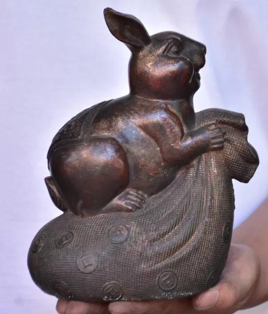 7.6" Old Chinese Copper Feng Shui Coin Animal rabbit Wealth Statue Sculpture