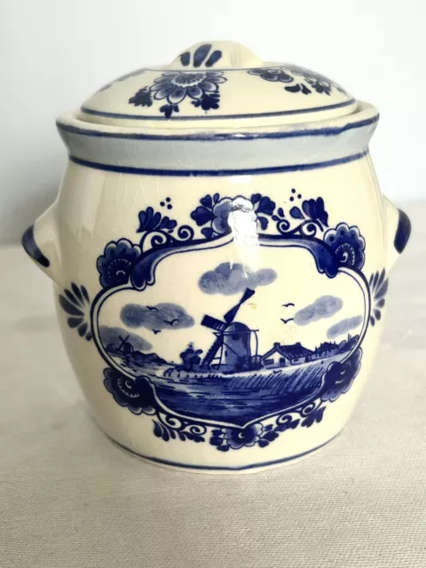 VTG Handpainted Delft Blue-Holland Ginger Jar Windmill with Lid