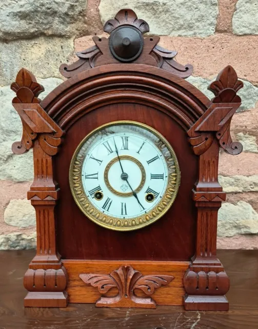 Ansonia American Oak Gingerbread Mantel Clock Art Antique 8 Day Striking 1900