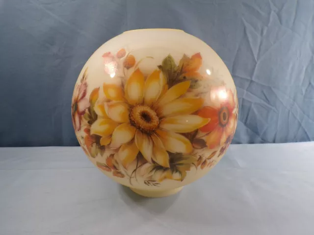 Glass Ball Oil Lamp Globe Shade Orange & Yellow Flowers 9" Wide 4" Fitter