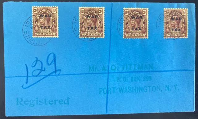 1920 Turks & Caicos Island Registered Cover To Port Washington USA War Stamp