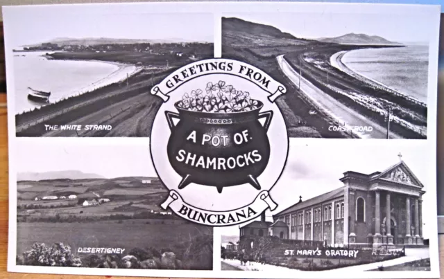 Irish Postcard BUNCRANA Donegal Multiview RPPC Pot of Shamrocks Ireland M Joyce