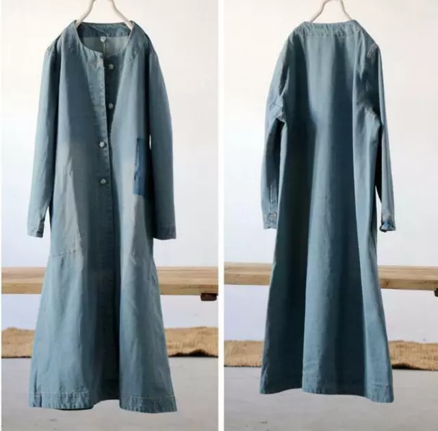Womens Vintage Cotton Denim Trench Coat Loose Casual Long Maxi Dress Jacket New