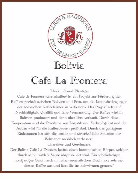 Bolivia Cafe La Frontera - 1 KG - Toute Bohne