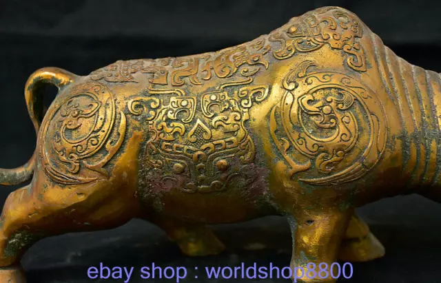 13,6"Alte china Bronze vergoldete Bestie Nashorn Drachenmuster Zun Statue 3