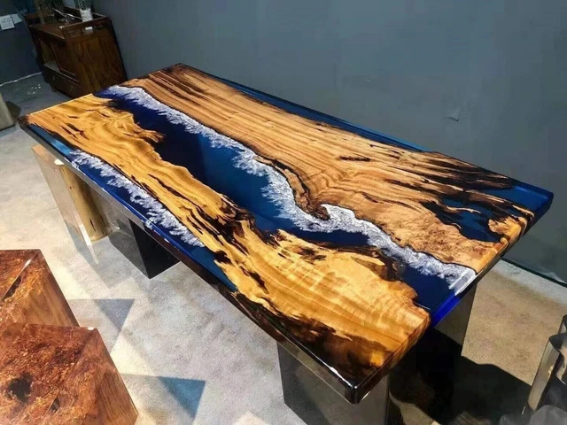 107cmx183cm Transparente Epoxi Onda Centro Mesa de Comedor Live Borde Madera