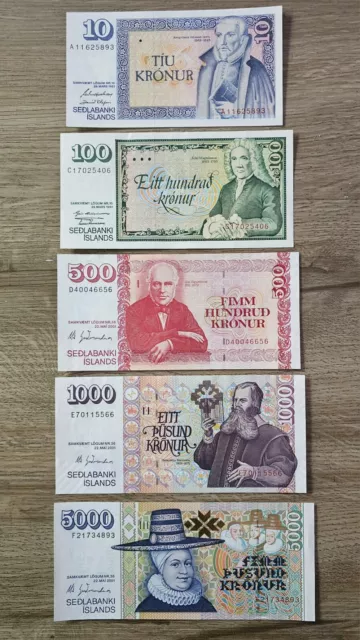 ICELAND SET BANKNOTES COLLECTION 10 100 500 1000 5000 KRONUR UNC aUNC GREAT DEAL