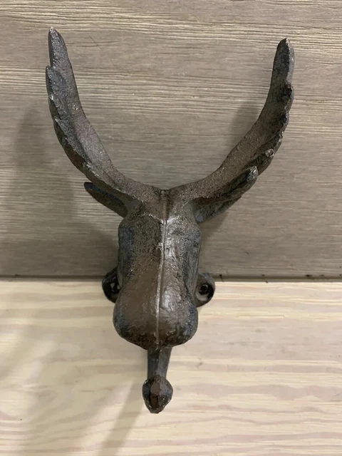 Antique Cast Iron Wall Hooks Brown Moose Head Coat Hat Towel Hanging Rustic 3