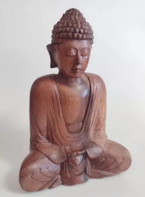Buddha Statue Figurine Teak Wood Meditating Wooden Hand Carved FLAW Decor 7"