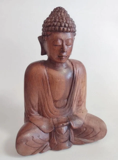 Buddha Statue Figurine Teak Wood Meditating Wooden Hand Carved FLAW Decor 7"