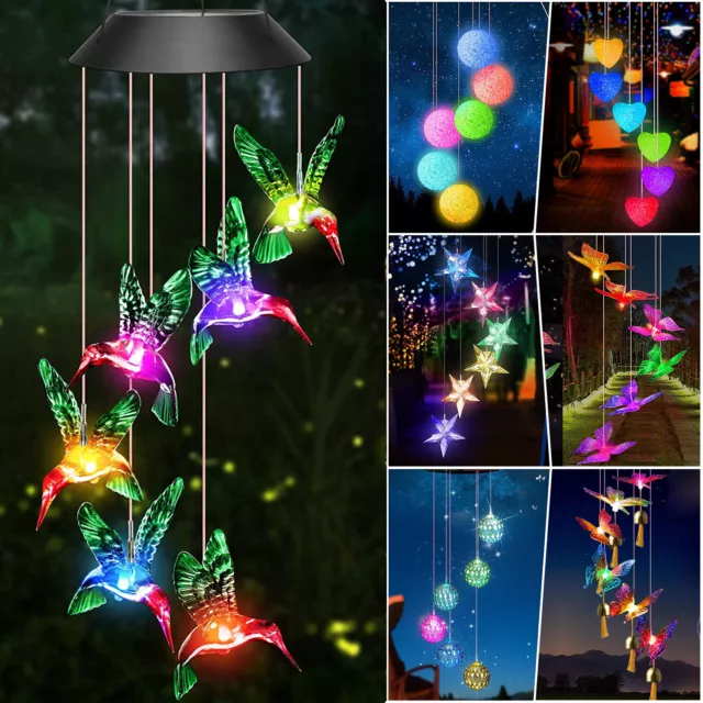 Hanging Colour Changing Solar Powered LED Hummingbird Lights Garden Wind Chime