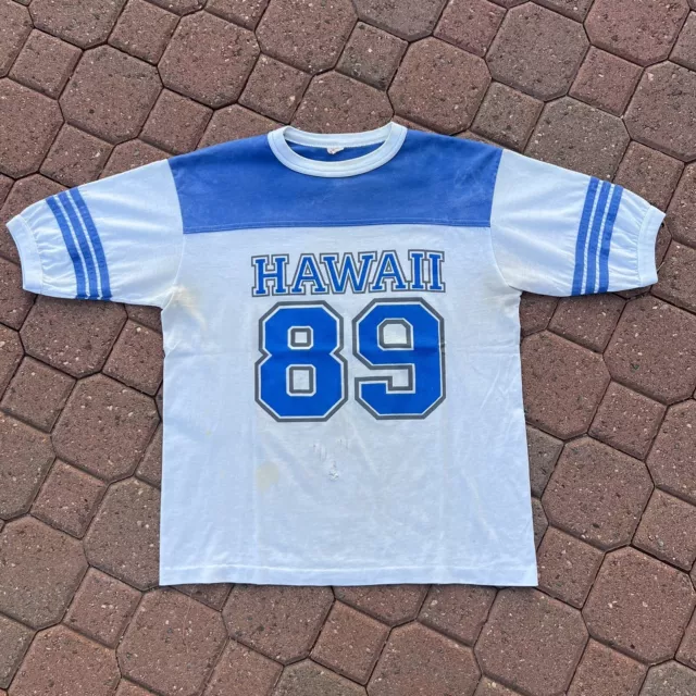 VINTAGE Hawaii 89 shirt Adult Large White Blue tourist destination 80s Ringer