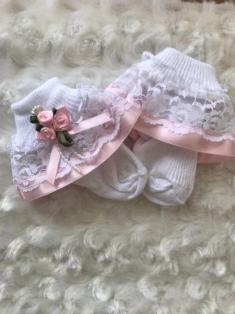 White Frill Lace Baby Socks with Pink Ribbon Pearl Rosebud Trim size 3-6 Months