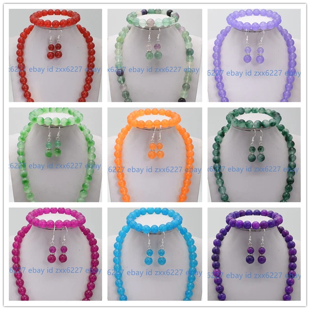 Natural Multicolor 8mm Round Gemstone Bead Necklace Bracelet Earring Set 18/7.5"