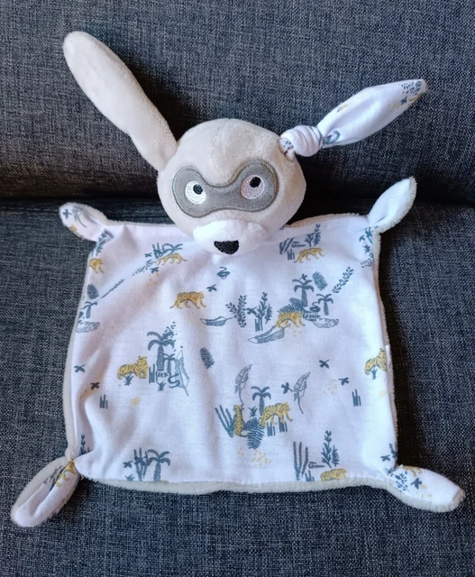 🐰Doudou Plat Lapin IKKS BERDOUES Gris Blanc Masque Tigre 🐯