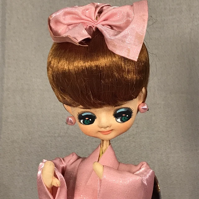 Vtg Kitsch Big Eye Mod Cloth Japanese Pink Kimono Poseable Fashion Doll Red Hair