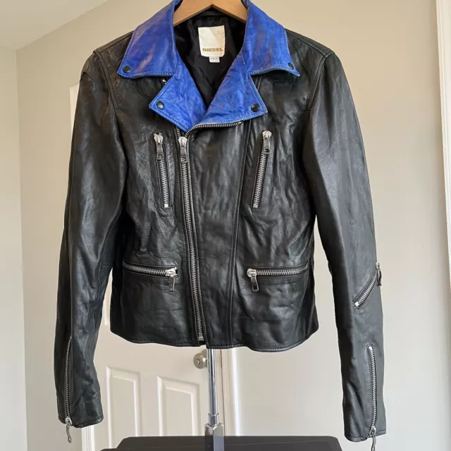 Vintage Diesel Lambskin Leather Black & Blue Moto Jacket Lined Zippered Pockets 3