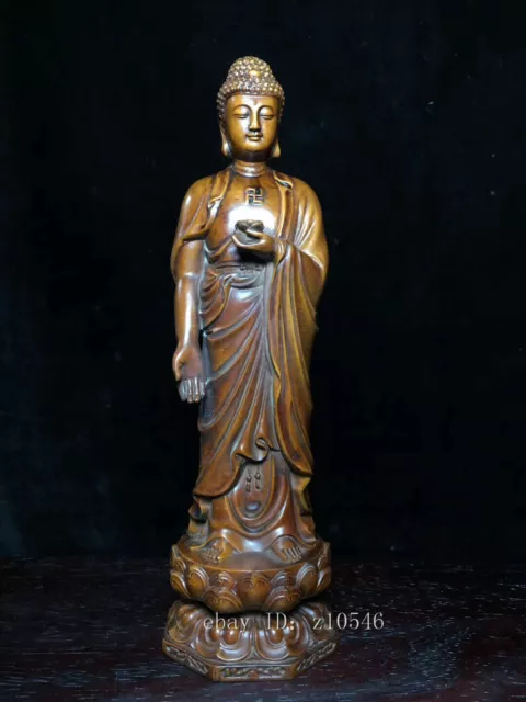 8.6" Chinese antiques Boxwood Hand carved Standing Buddha Decoration