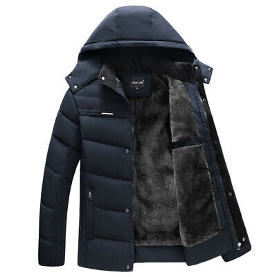 Men Winter Fur Lined Hooded Jacket Thick Warm Quilted Padded Parka Coat Outwear