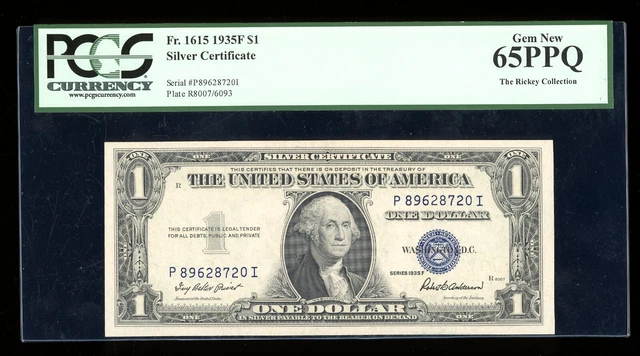 DBR $1 1935-F Silver Gem Fr. 1615 PI Block PCGS 65 PPQ Serial P89628720I