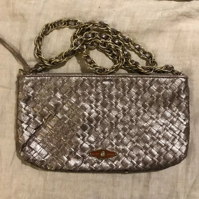 Elliot Lucca metallic pewter leather woven crossbody bag with metal chain strap