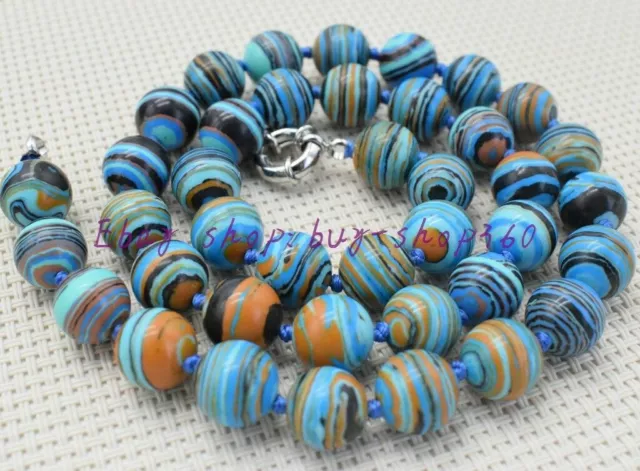 Natural 10mm Round Blue Striped Turquoise Gemstone Beads Necklace 18" AAA