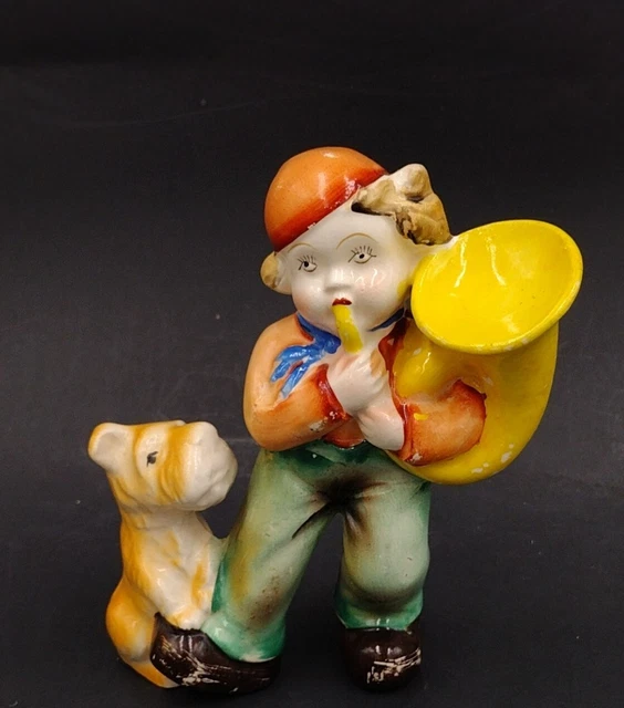 VINTAGE MADE IN Japan figurine Boy Playing Horn with White Dog 13.98