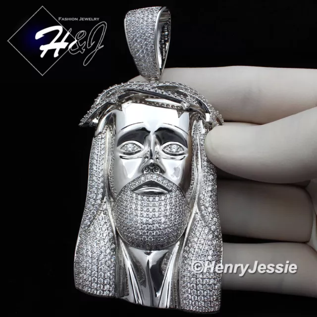 Men 14K White Gold Plated Icy Bling Cz Oversize 3D Jesus Face Pendant*Bp4