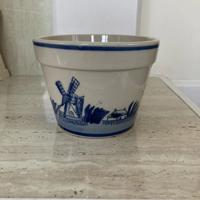 DELFT STYLE Ceramic Blue & White Hand painted Plant Pot Holder Windmill Scene