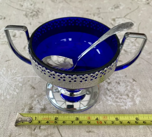 Vintage Cobalt Blue Glass Sugar Bowl Bonbon Dish in Metal Casing with spoon