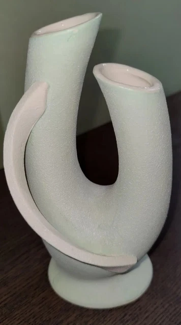Hand Painted Ceramic Double Vase Textured Pale Green Ardalt Artware MCM Abstract
