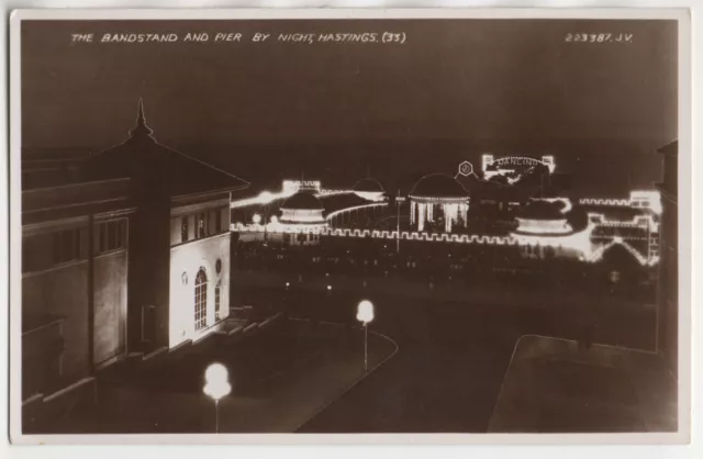 Postcard c1933 - Sussex, Hastings, The Bandstand And Pier By Night