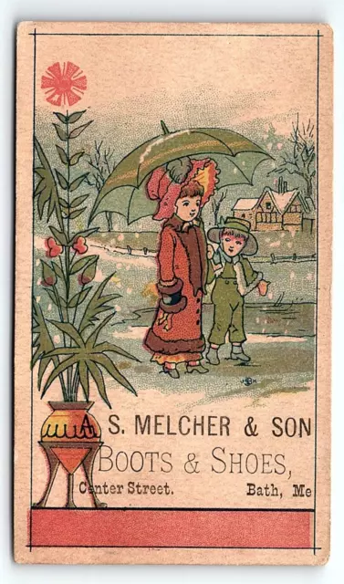 c1880 BATH MAINE A.S. MELCHER & SON BOOTS AND SHOES VICTORIAN TRADE CARD Z1202