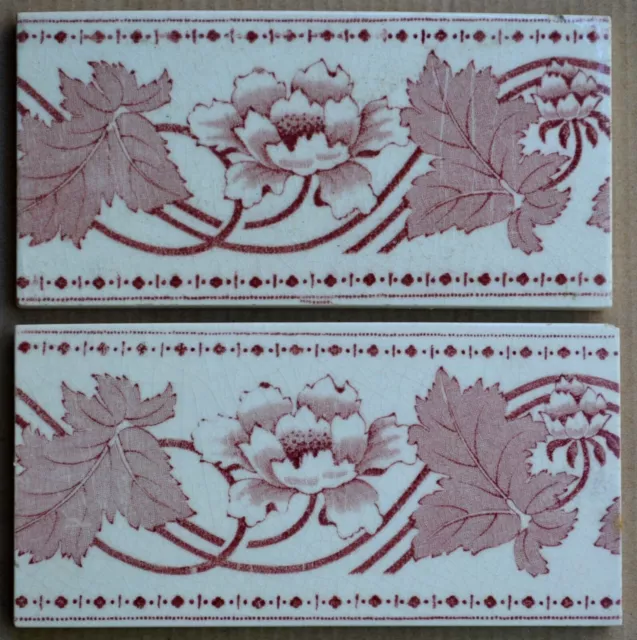 England - 2 Antique Art Nouveau Majolica Border Tiles C1900