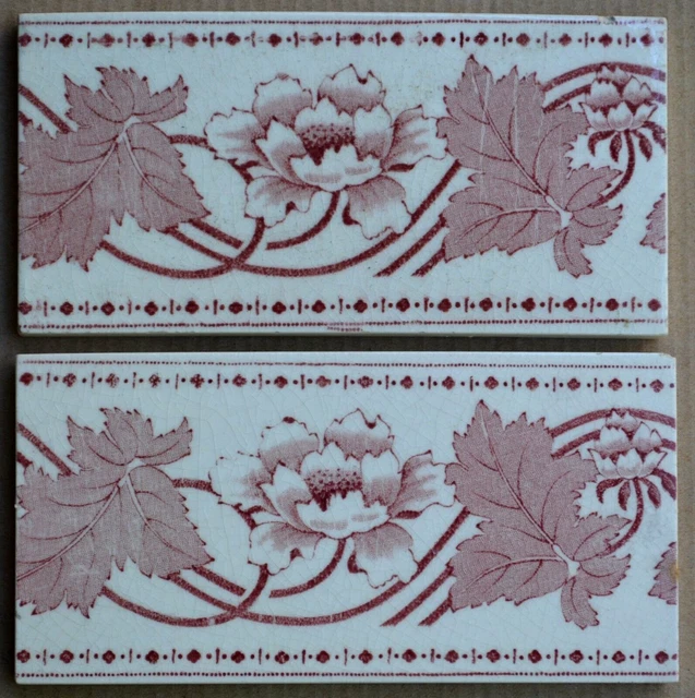 England - 2 Antique Art Nouveau Majolica Border Tiles C1900