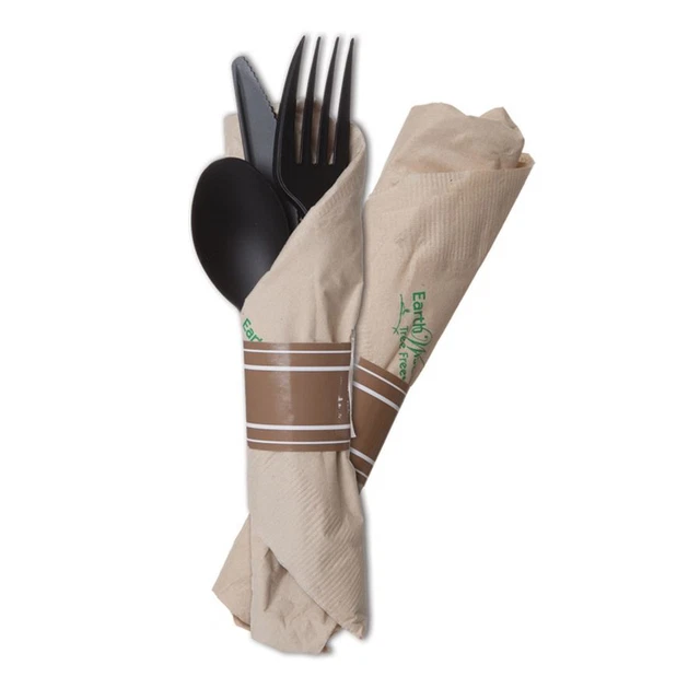 Eco Products ESVBKEROLL3 Black Cutlery Set with Napkin - 100 / CS