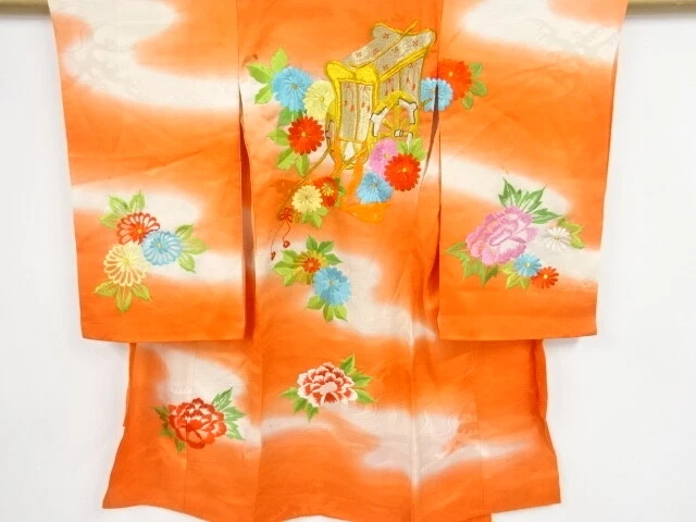 44429# Japanese Kimono / Antique Kimono For Girls / Embroidery / Carriage &