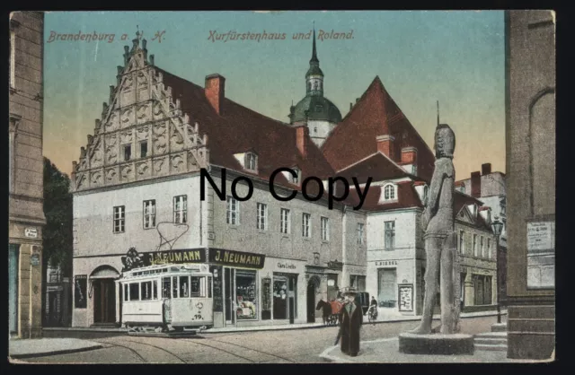 AK Brandenburg an der Havel Kurfürstenhaus u. Roland Straßenbahn gel.1914