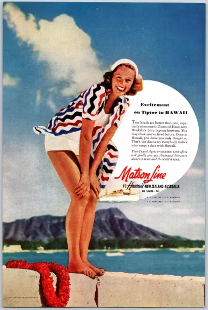 1941 Matson Cruise Line To Hawaii New Zealand Australia Pretty Woman Print Ad