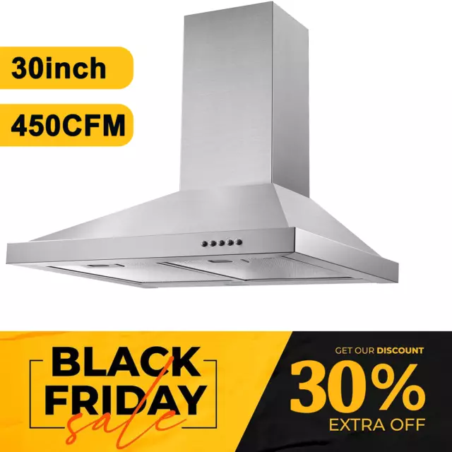 30 inch Stainless Steel Wall Mount Range Hood 450CFM Kitchen 3-Speed Vent Button