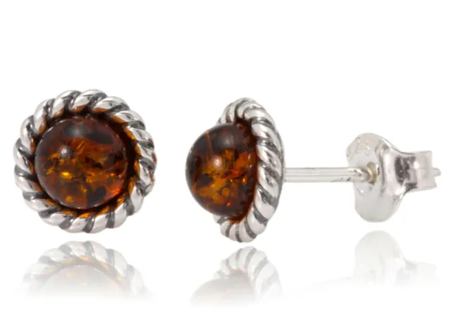 NATURAL BALTIC AMBER STERLING SILVER 925 Gemstone Round Earrings Stud & Box