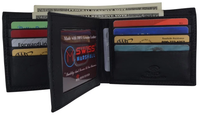RFID Blocking Mens Genuine Leather Black Flap Credit Card ID Holder Slim Bifold